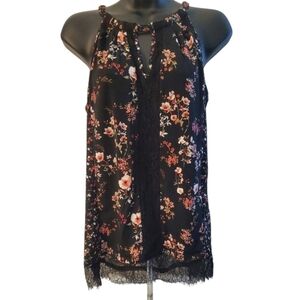 White House Black Market  Floral Black Sleeveless Halter With Lace Detail Size M